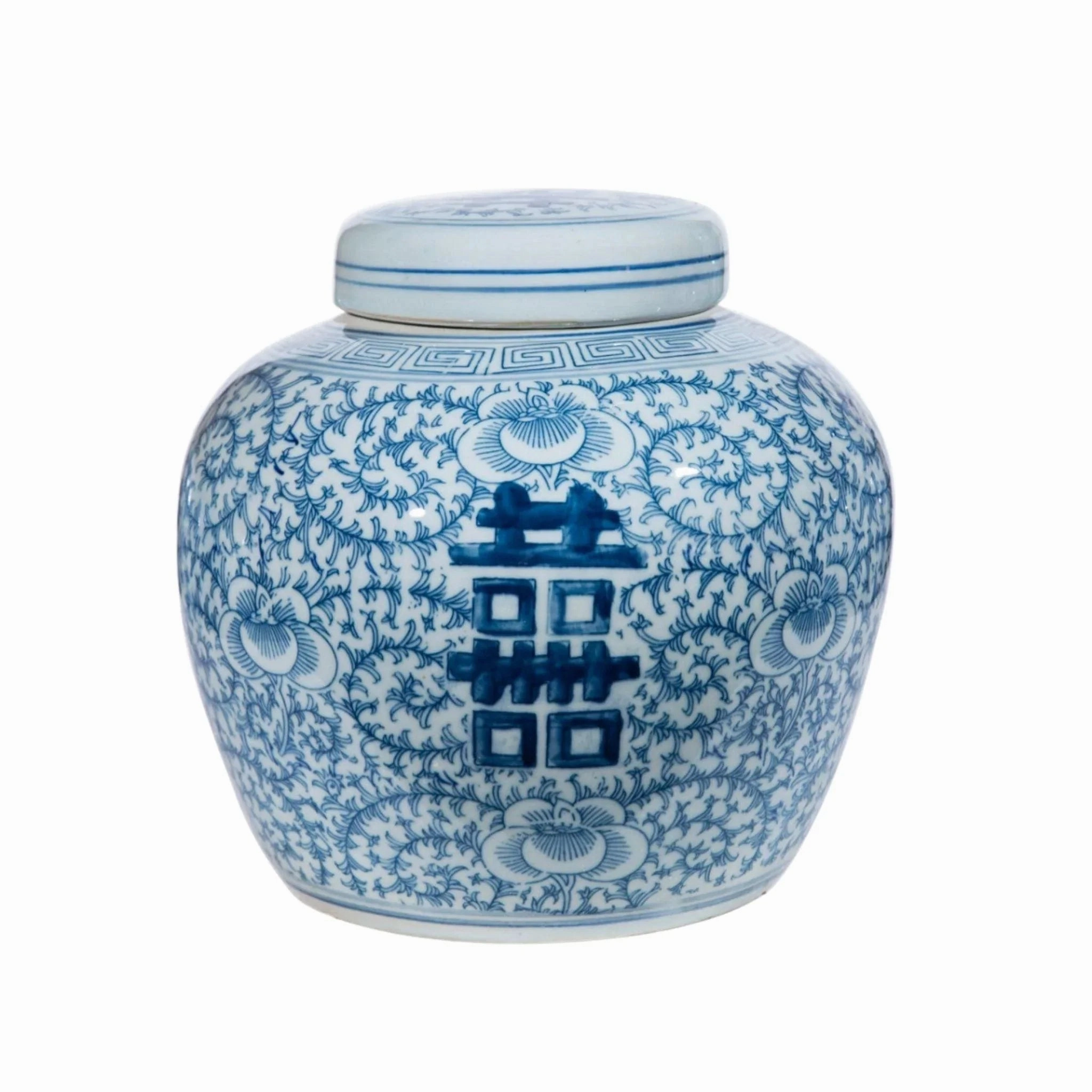 Blue & White Porcelain Double Happiness Floral Lidded Jar