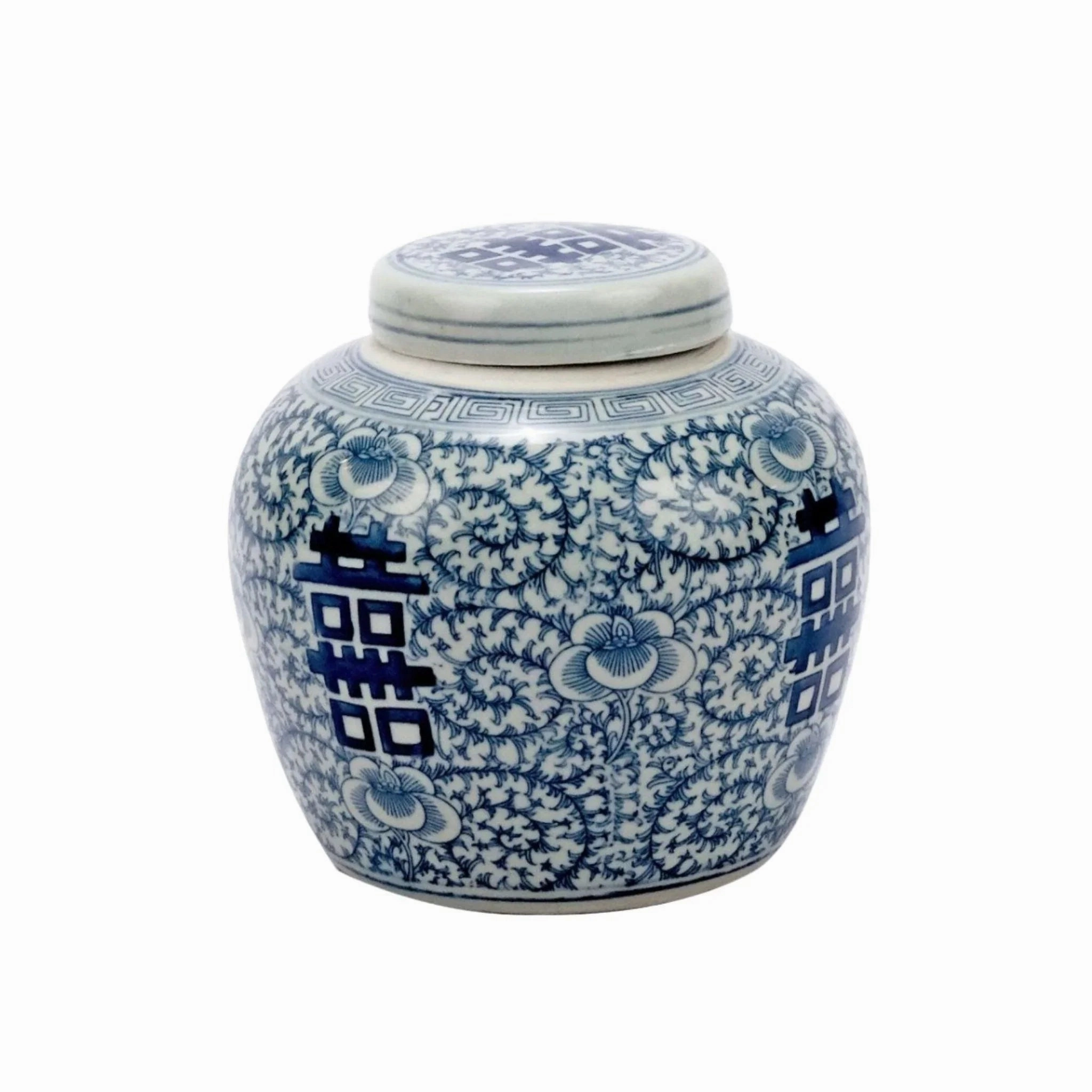 Blue & White Porcelain Double Happiness Floral Lidded Jar home display ornament