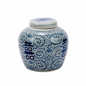 Blue & White Porcelain Double Happiness Floral Lidded Jar home display ornament