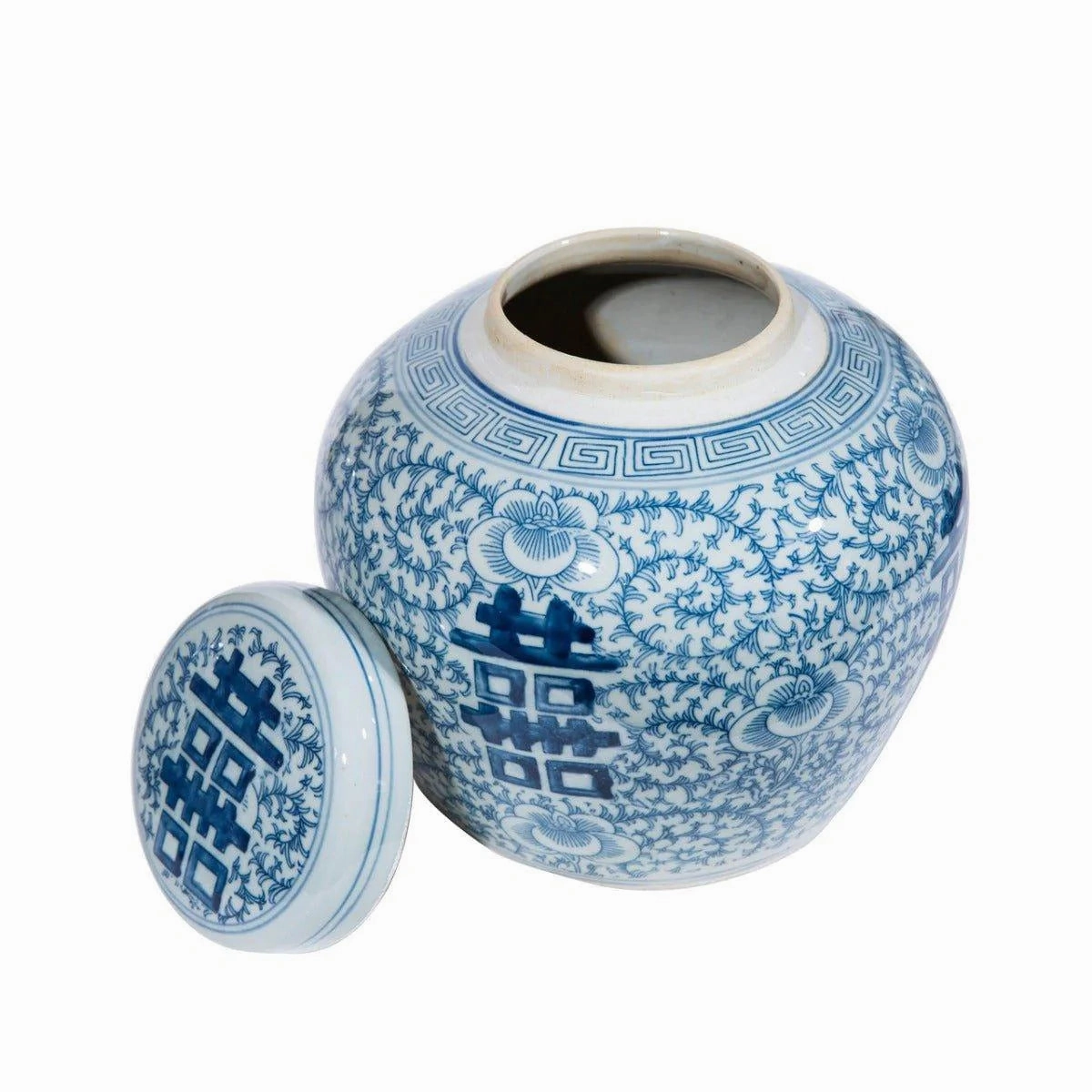 Blue & White Porcelain Double Happiness Floral Lidded Jar