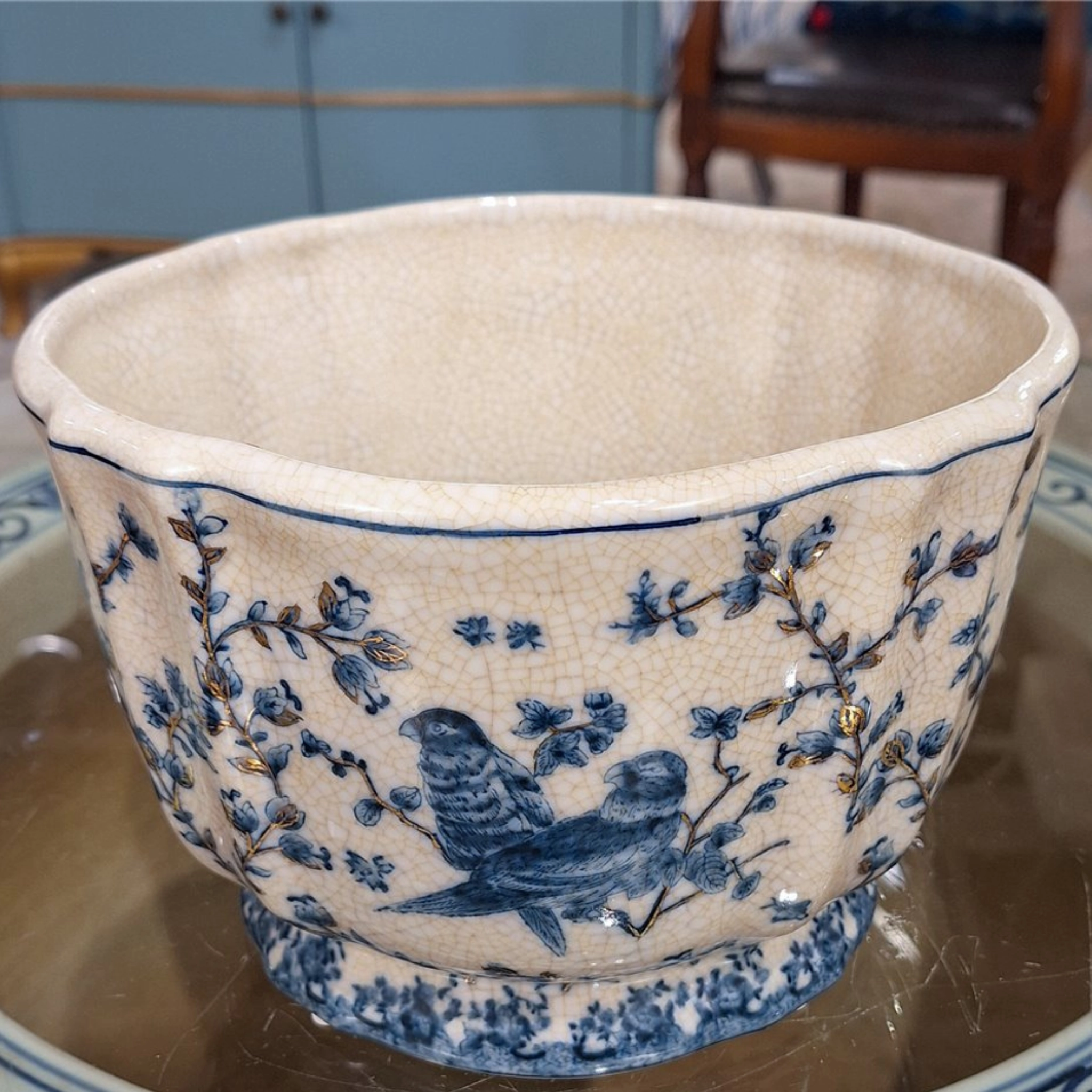 Blue & White Porcelain Planter with Birds