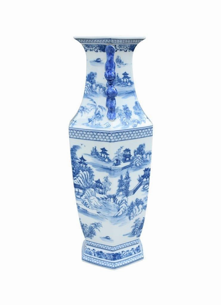 Blue and White Chinoiserie Hexagonal Porcelain Vase