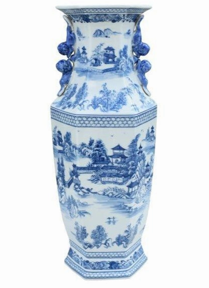 Blue and White Chinoiserie Hexagonal Porcelain Vase home display ornament