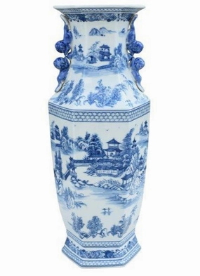Blue and White Chinoiserie Hexagonal Porcelain Vase home display ornament