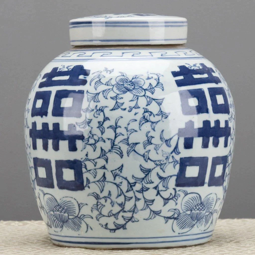 Blue and White Double Happiness Lidded Jar