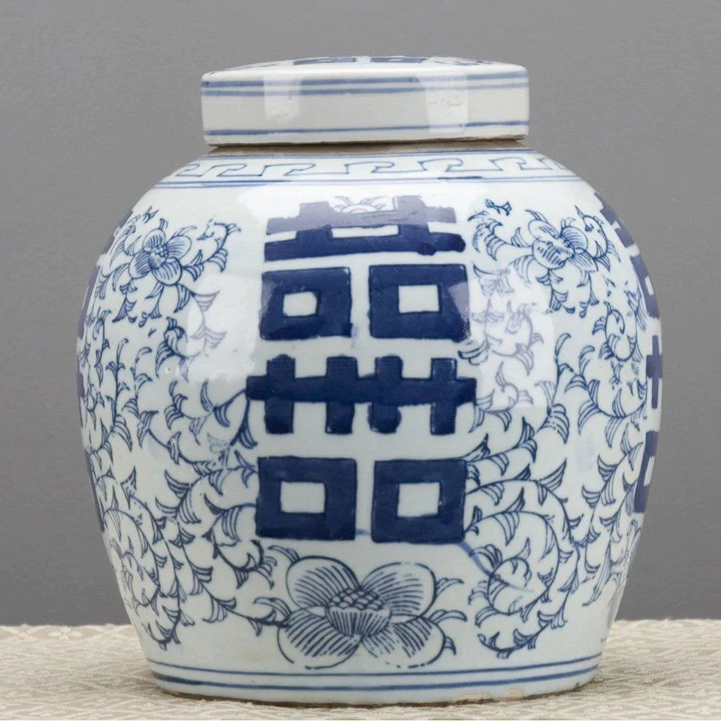 Blue and White Double Happiness Lidded Jar