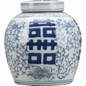 Blue and White Double Happiness Lidded Jar home display ornament