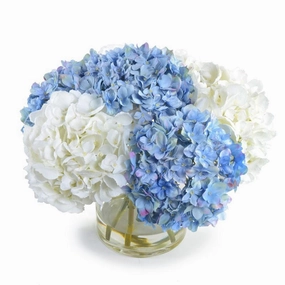 Blue and White Faux Hydrangea Arrangement in Glass Cylinder home display ornament