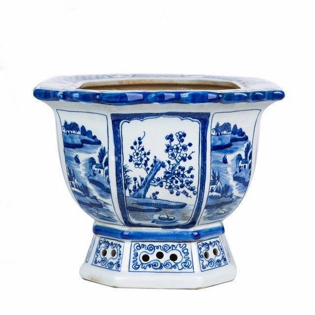 Blue and White Floral Bird Motif Porcelain Octagonal Planter