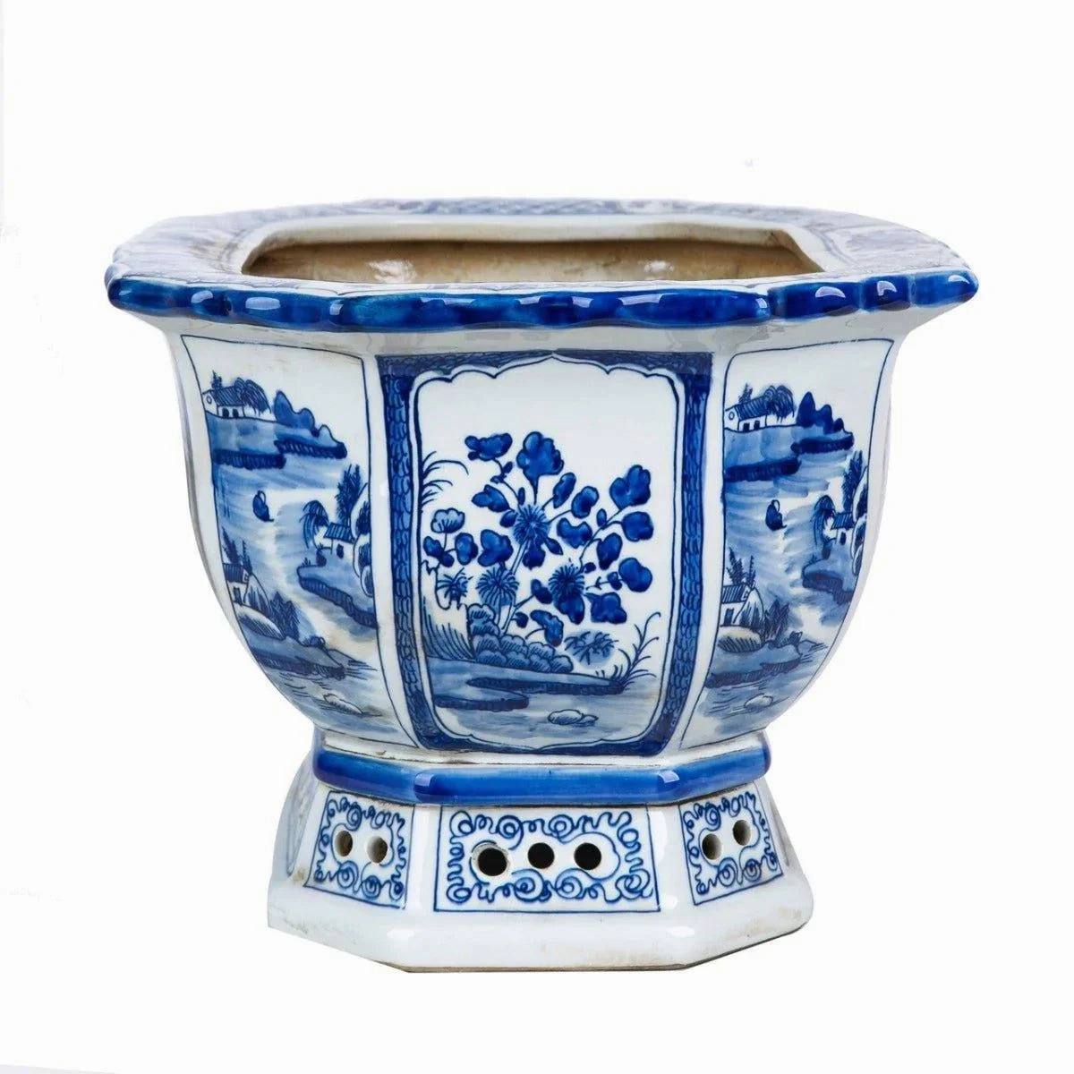 Blue and White Floral Bird Motif Porcelain Octagonal Planter