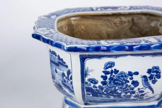 Blue and White Floral Bird Motif Porcelain Octagonal Planter