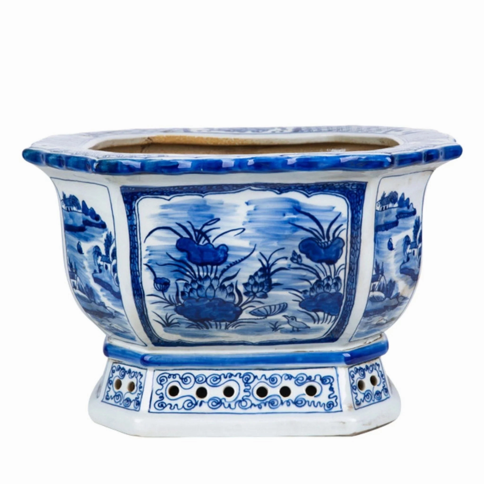 Blue and White Floral Bird Motif Porcelain Octagonal Planter