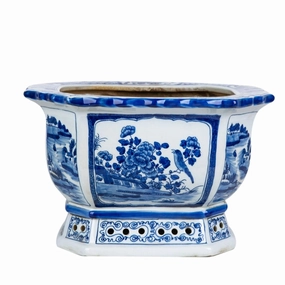 Blue and White Floral Bird Motif Porcelain Octagonal Planter home display ornament