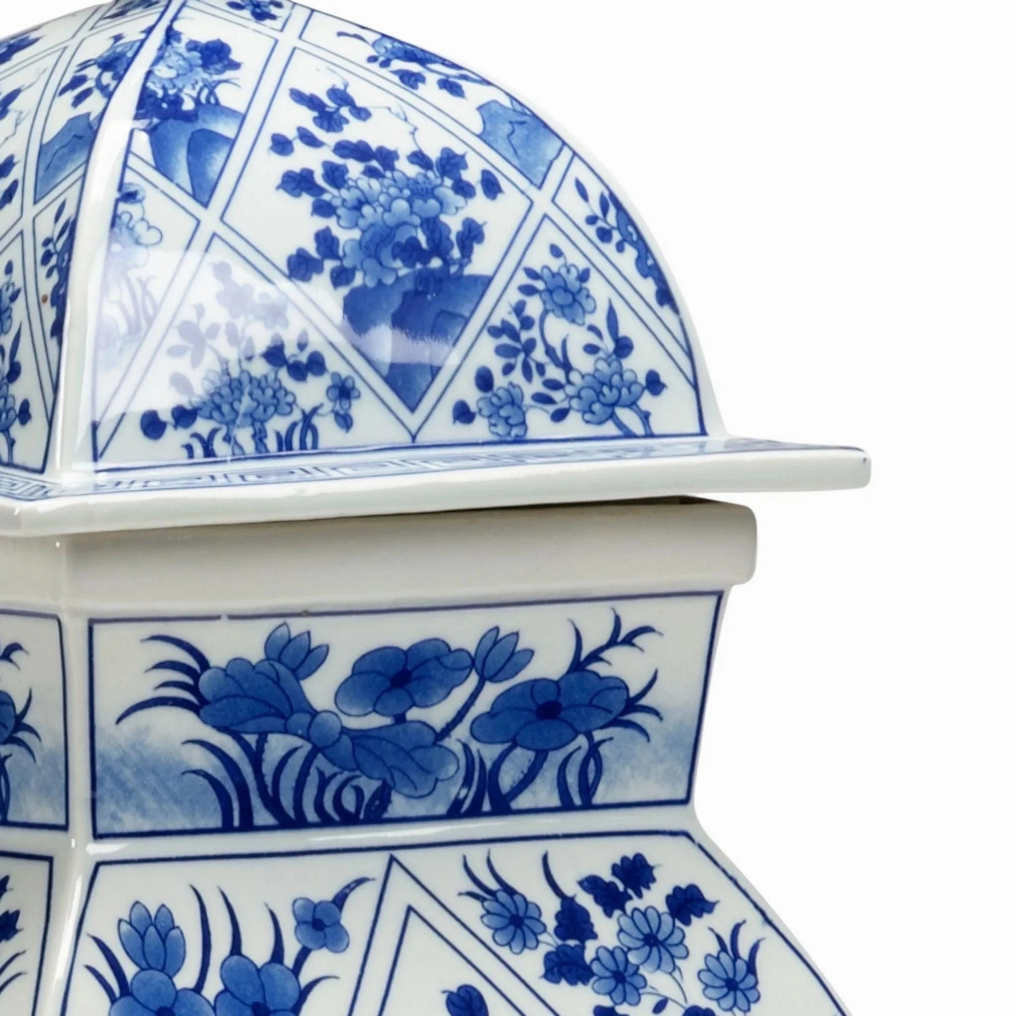 Blue and White Floral Hand Painted Lidded Ceramic Vase
