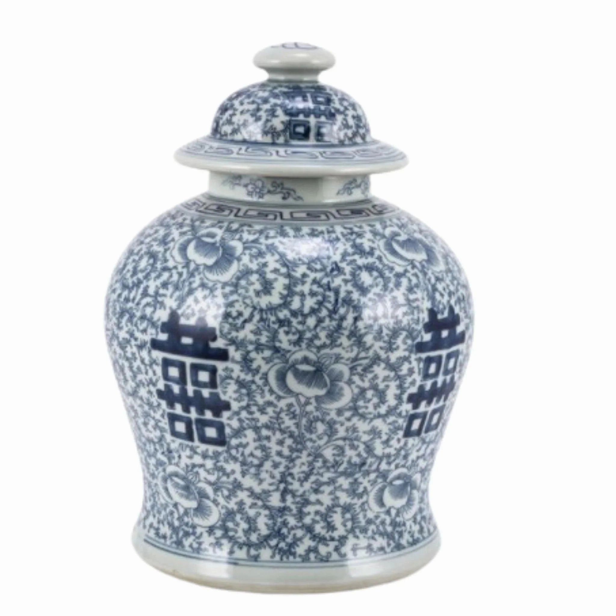 Blue and White Floral Porcelain Double Happiness Temple Jar home display ornament