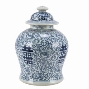 Blue and White Floral Porcelain Double Happiness Temple Jar home display ornament