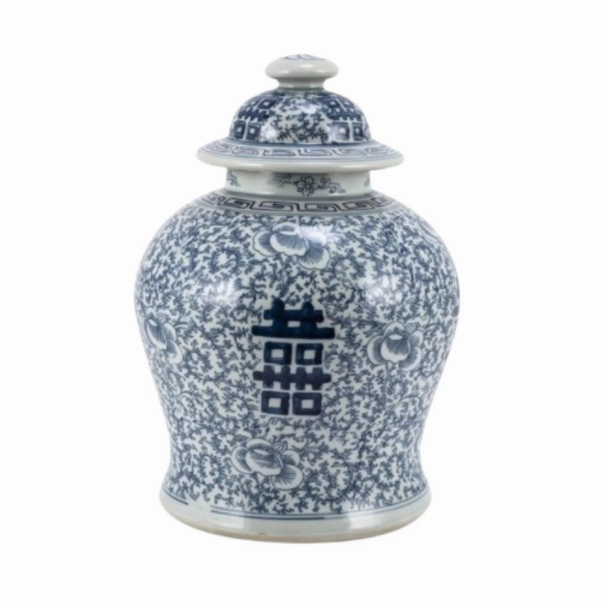 Blue and White Floral Porcelain Double Happiness Temple Jar