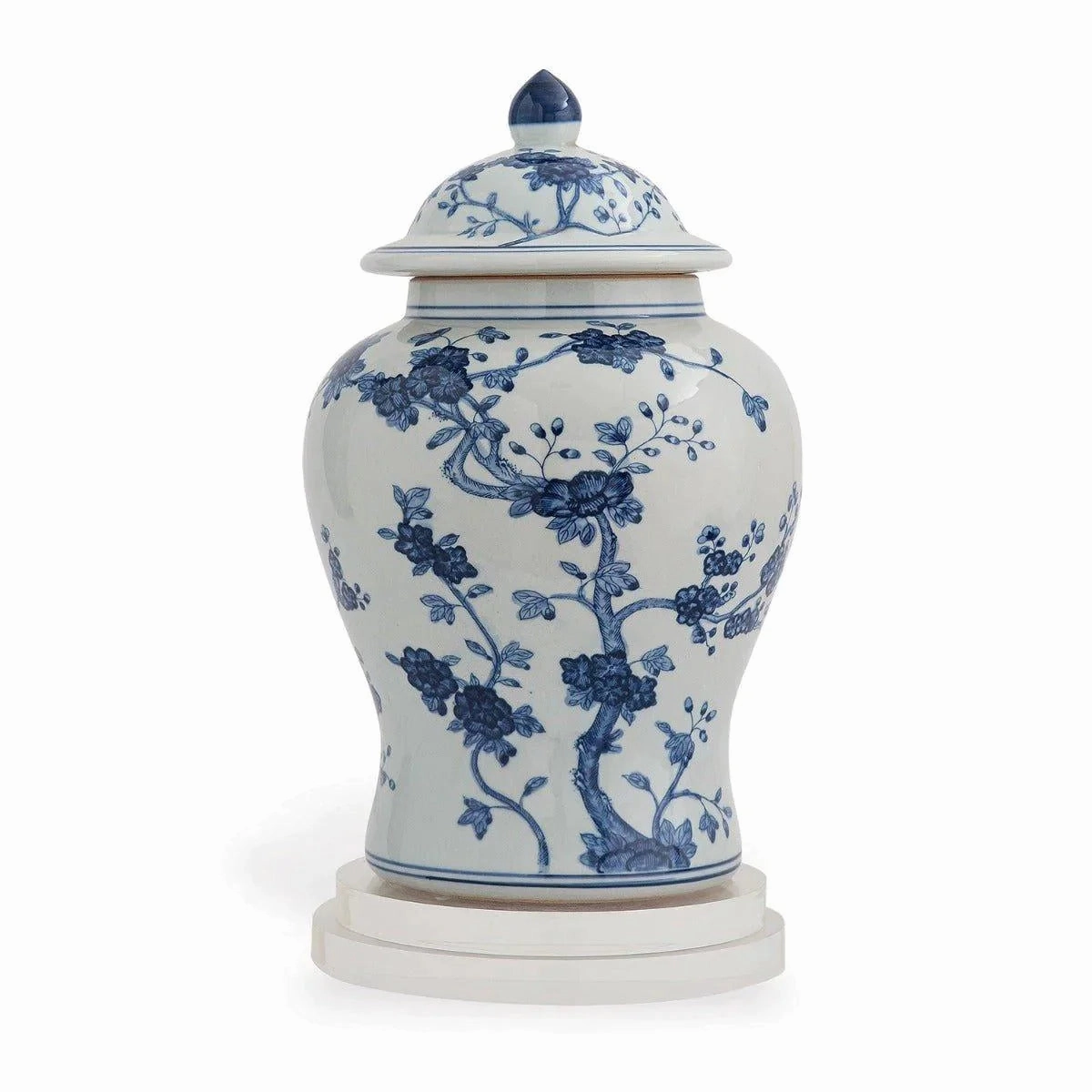 Blue and White Floral Temple Jar with Lid