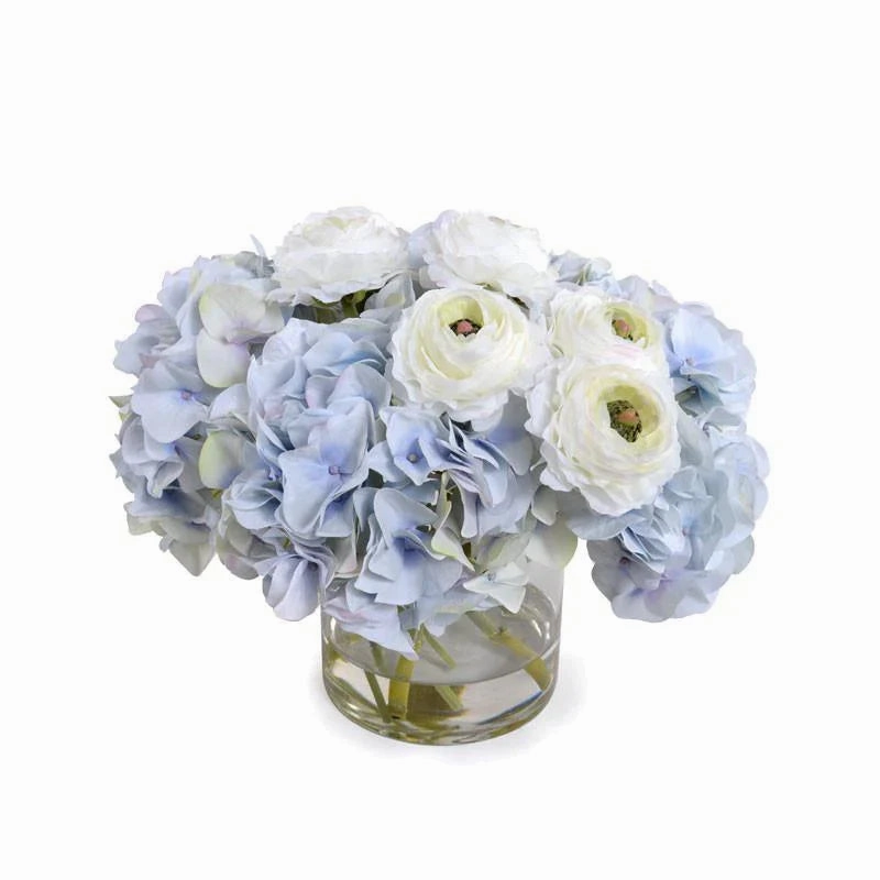 Blue and White Hydrangea and Ranunculus Arrangement in Glass Cylinder home display ornament