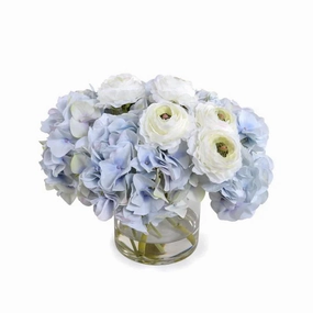 Blue and White Hydrangea and Ranunculus Arrangement in Glass Cylinder home display ornament