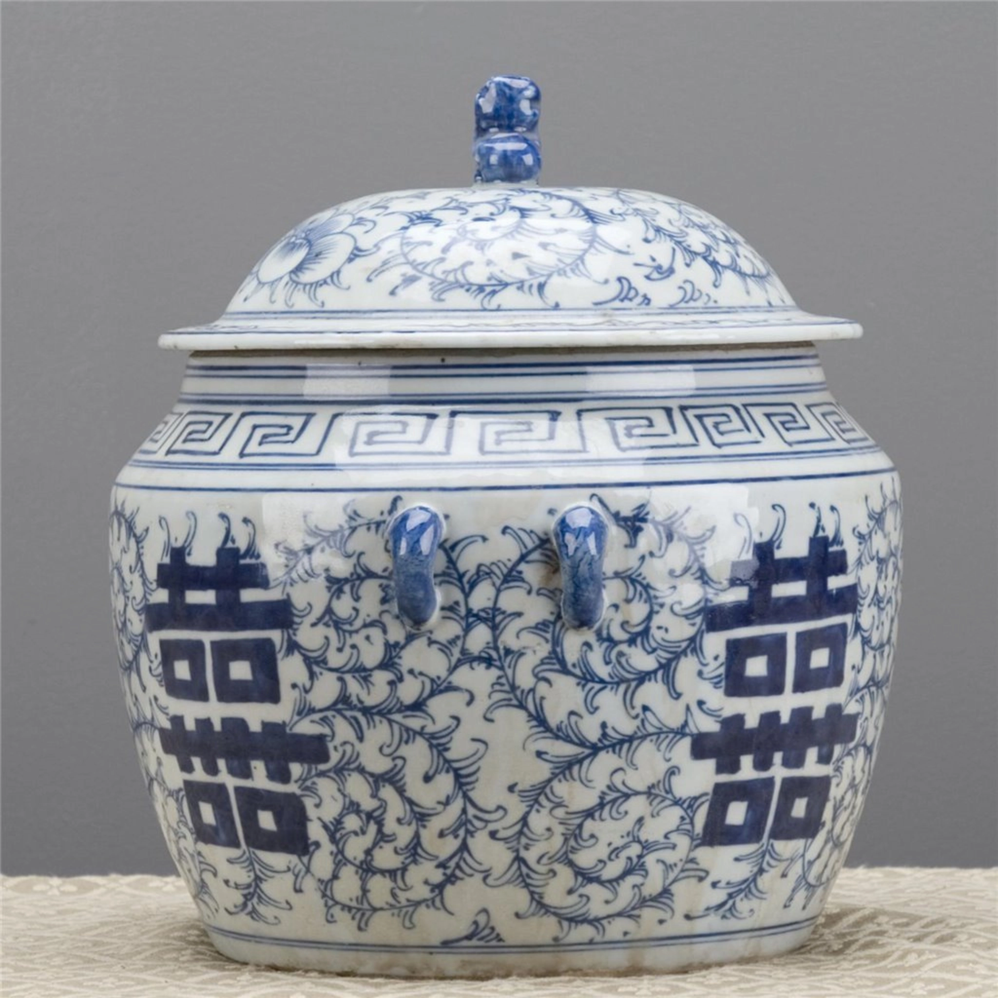 Blue and White Lidded Double Happiness Jar