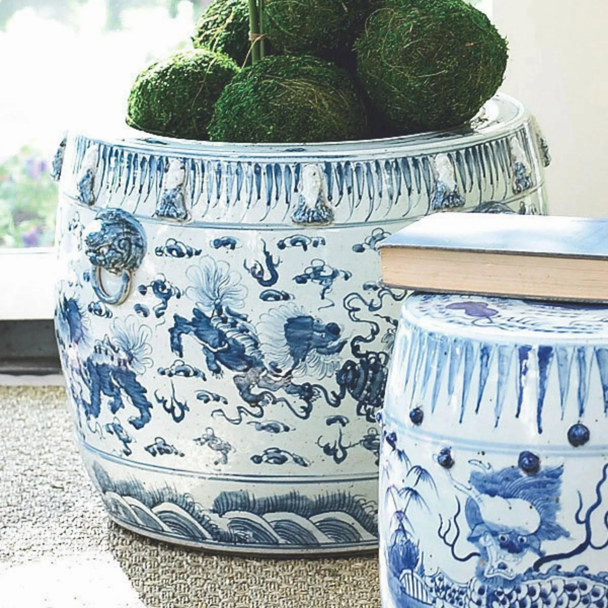 Blue and White Lion Drum Shaped Porcelain Planter