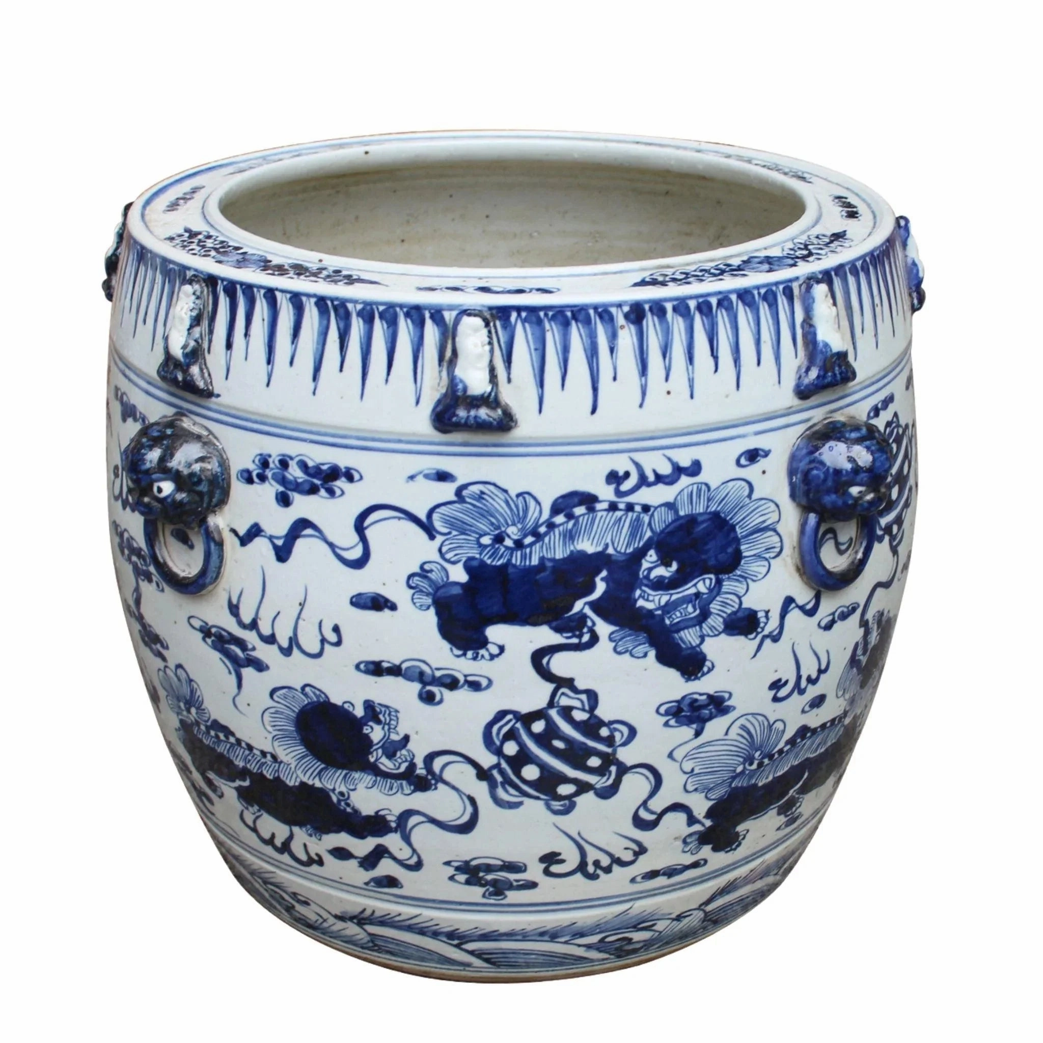 Blue and White Lion Drum Shaped Porcelain Planter home display ornament