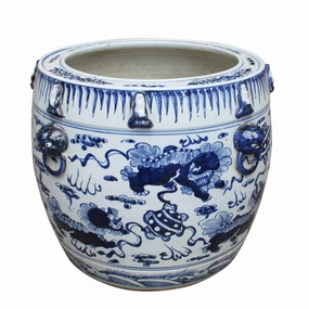 Blue and White Lion Drum Shaped Porcelain Planter home display ornament