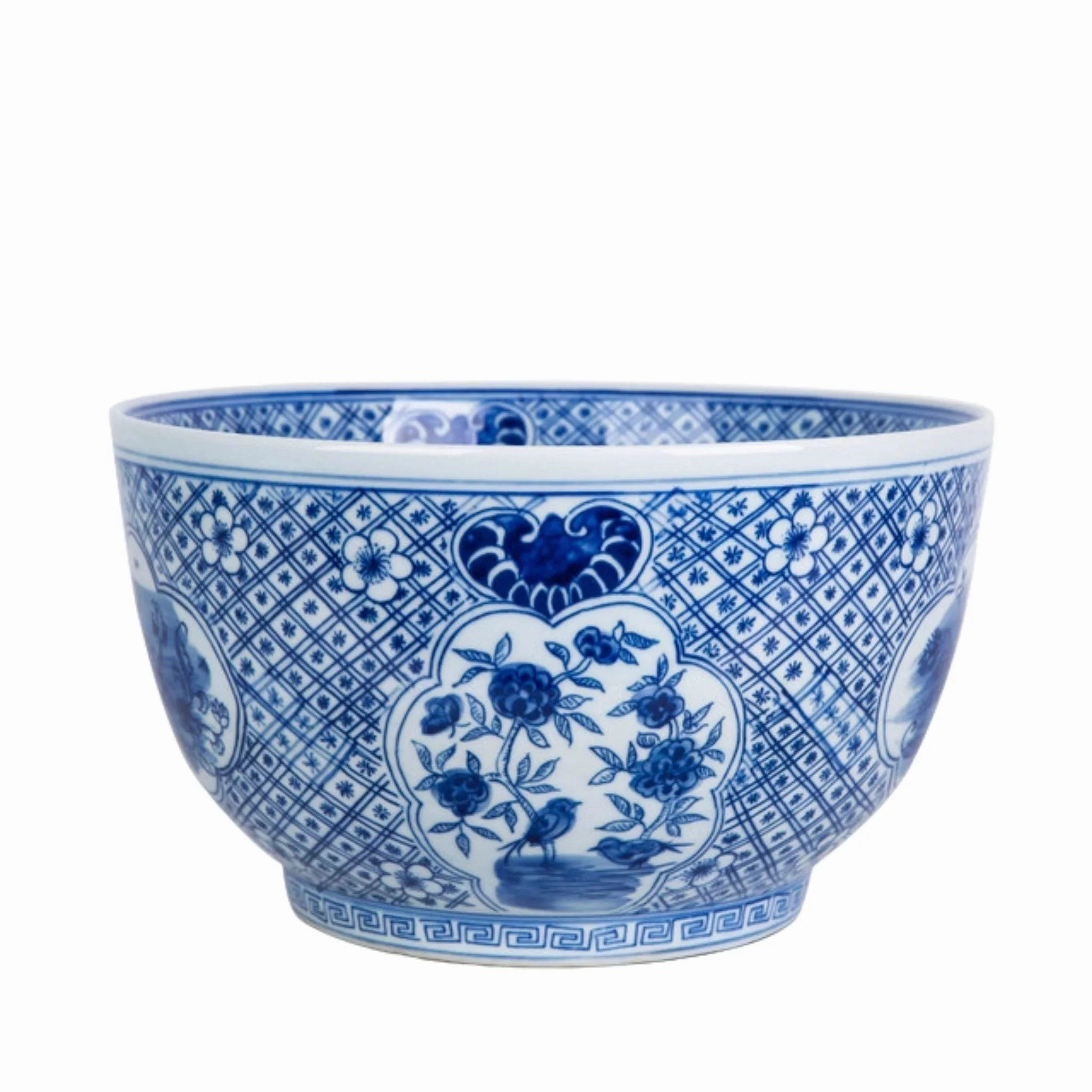 Blue And White Medallion Flower Bird Porcelain Bowl
