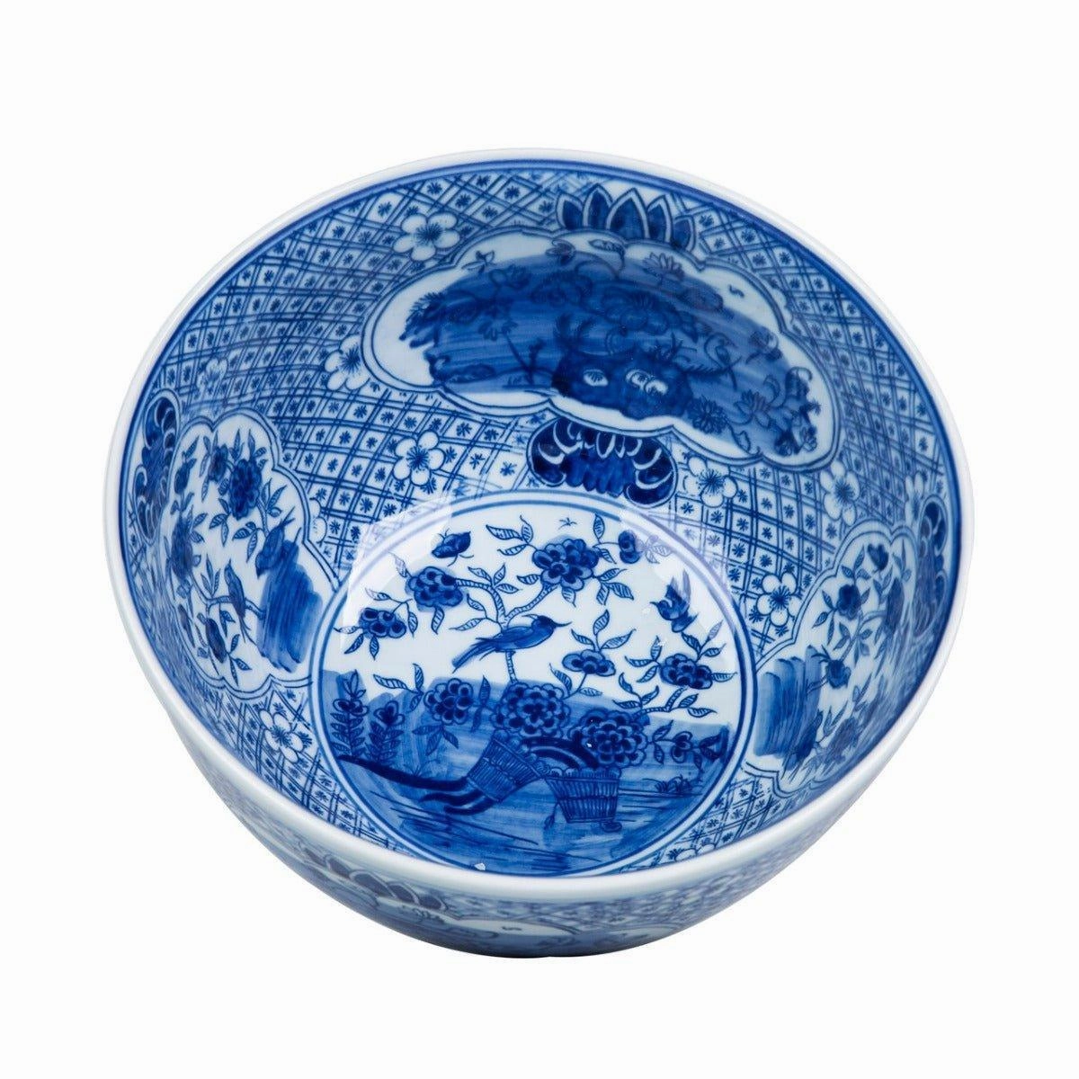 Blue And White Medallion Flower Bird Porcelain Bowl