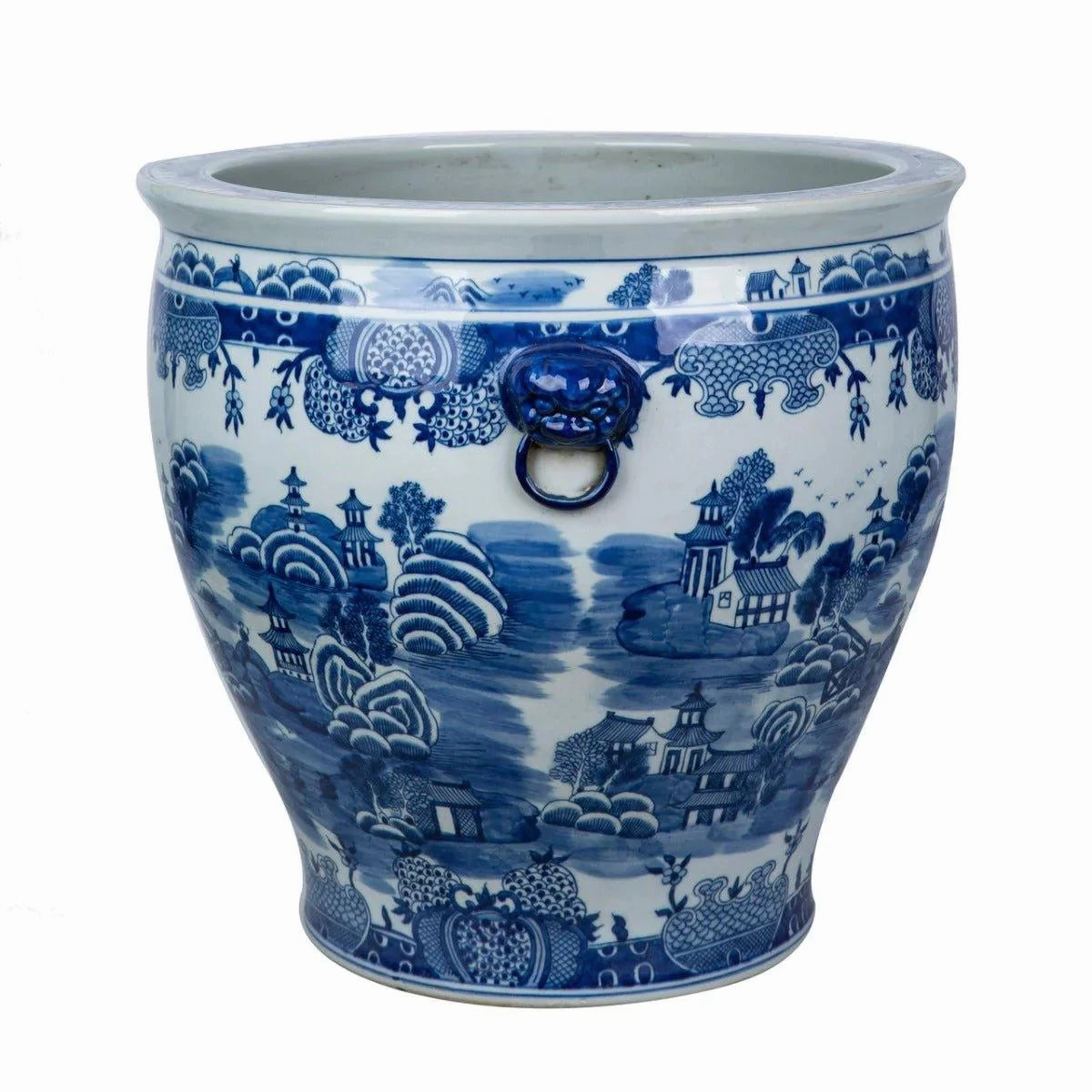 Blue and White Mountain Pagoda Porcelain Planter with Lion Handle
