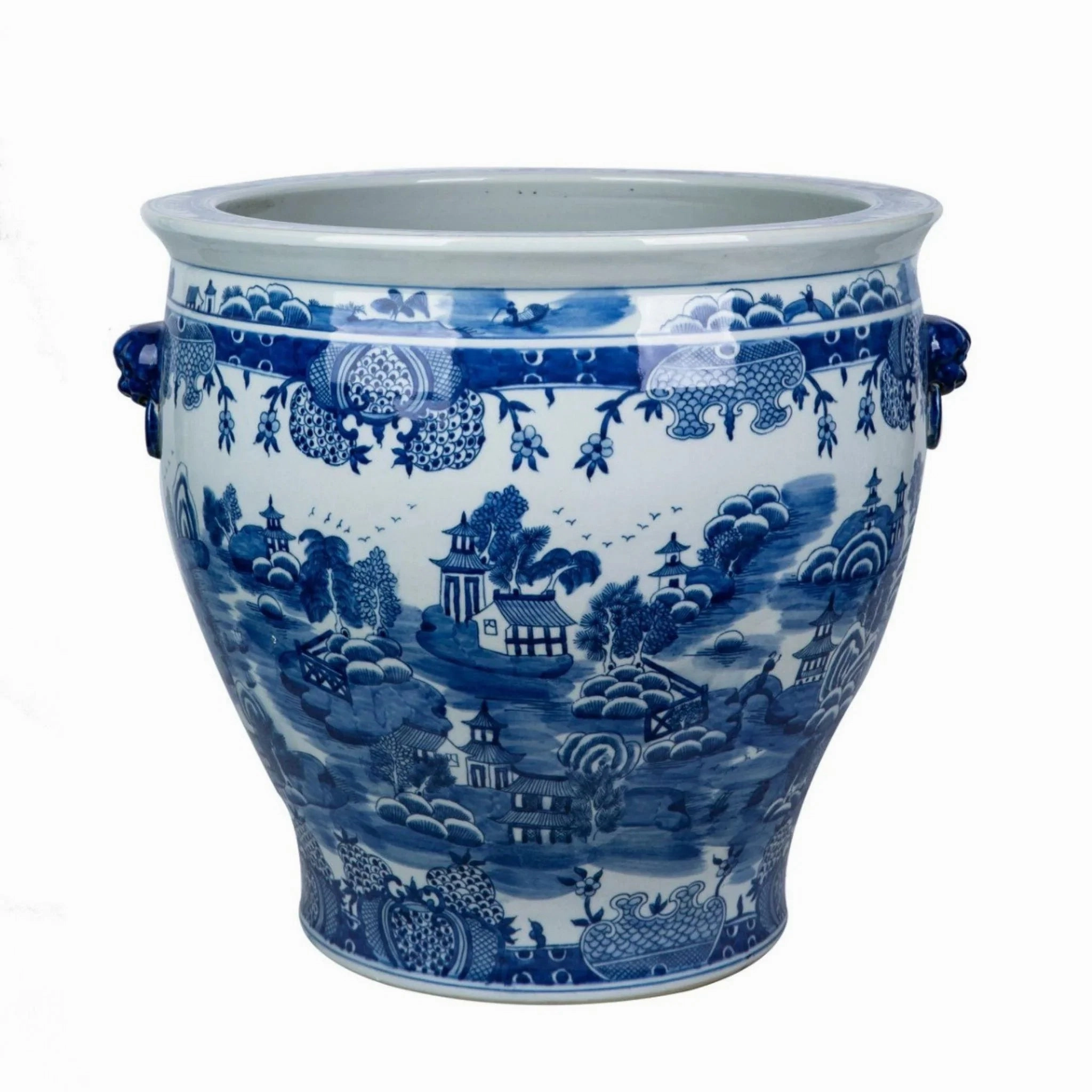 Blue and White Mountain Pagoda Porcelain Planter with Lion Handle