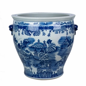 Blue and White Mountain Pagoda Porcelain Planter with Lion Handle home display ornament