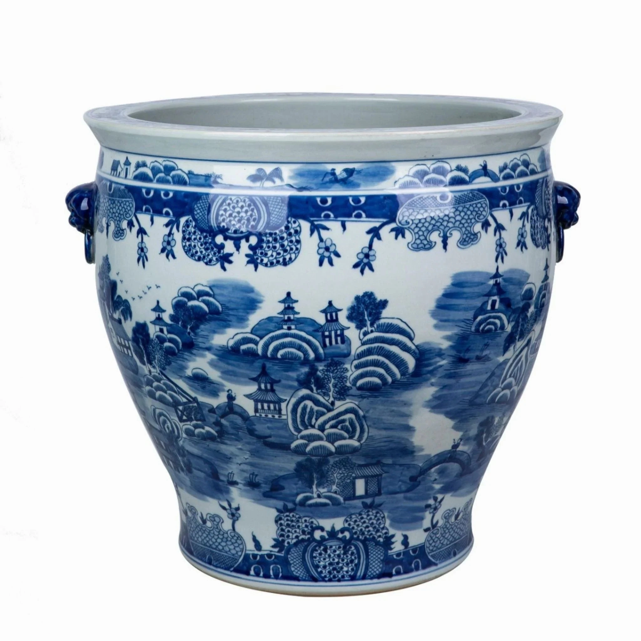 Blue and White Mountain Pagoda Porcelain Planter with Lion Handle home display ornament