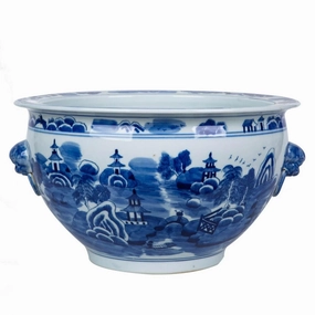 Blue and White Mountain Pagoda Porcelain Planter with Lion Head Handle home display ornament