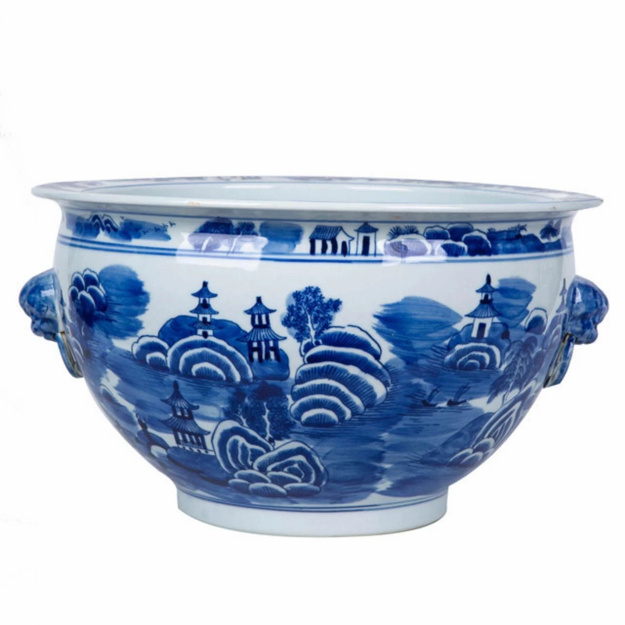 Blue and White Mountain Pagoda Porcelain Planter with Lion Head Handle