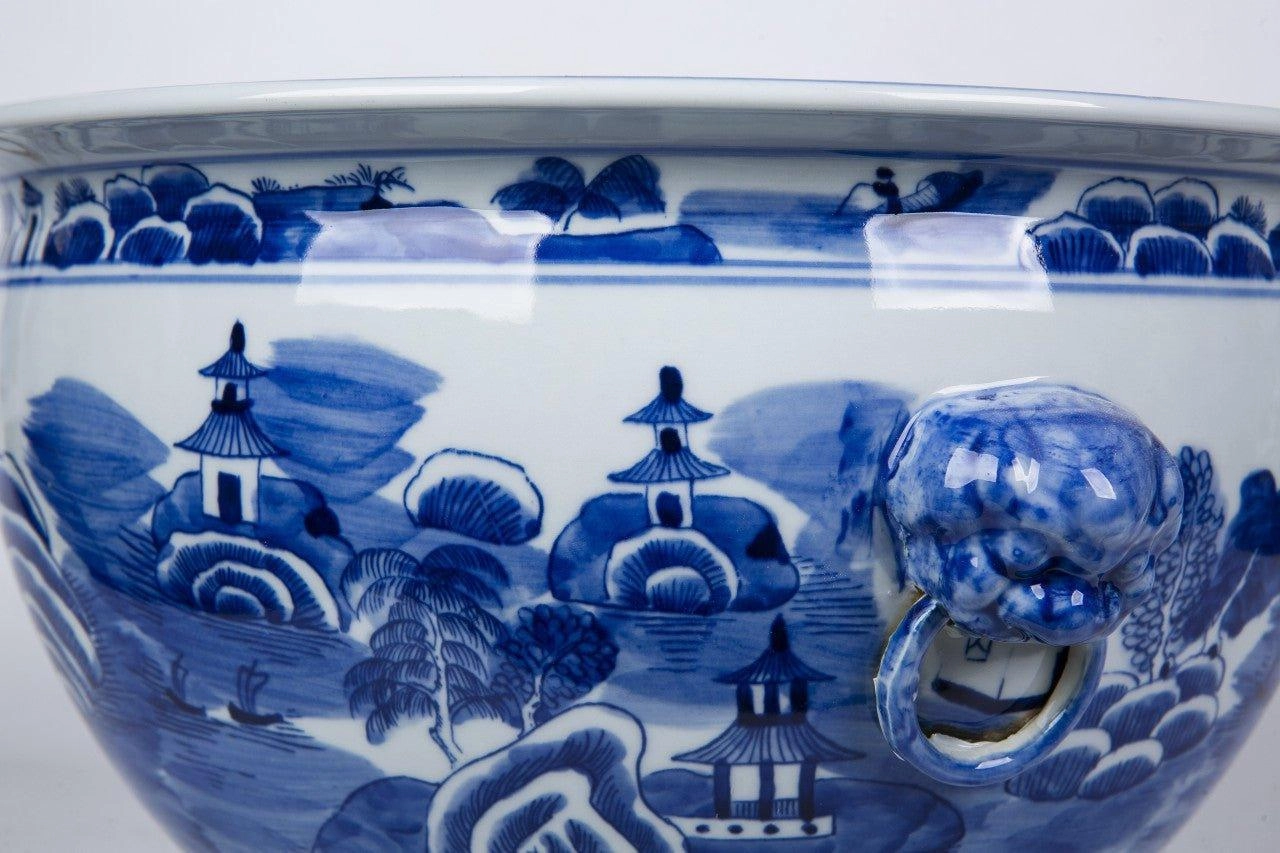 Blue and White Mountain Pagoda Porcelain Planter with Lion Head Handle