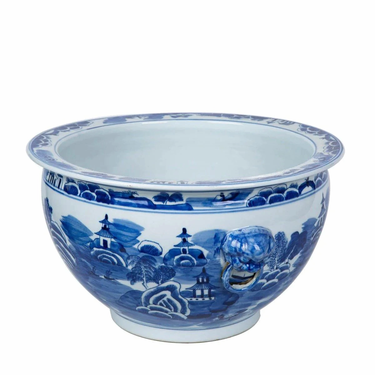 Blue and White Mountain Pagoda Porcelain Planter with Lion Head Handle