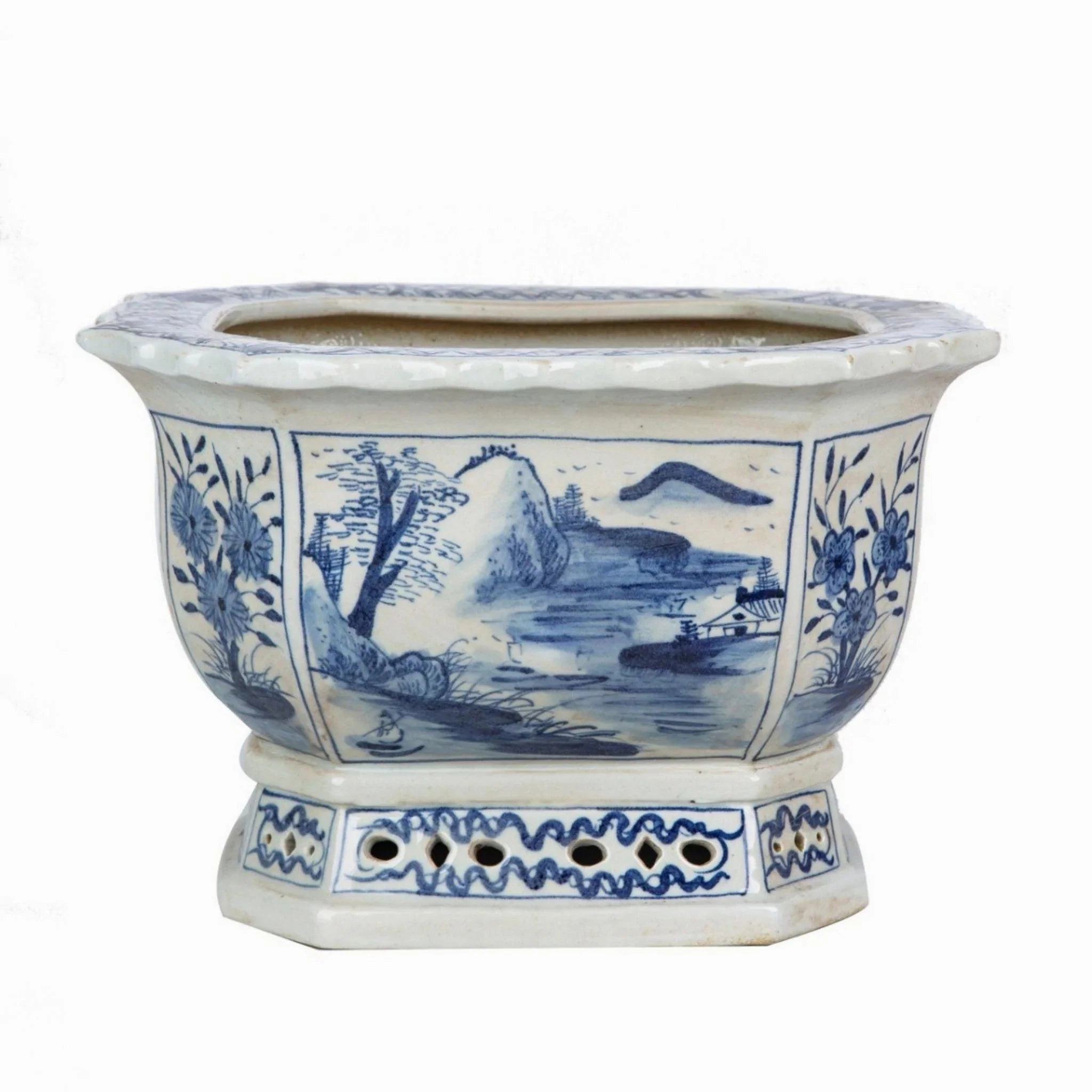 Blue and White Mountain Village Porcelain Foot Bath Planter home display ornament