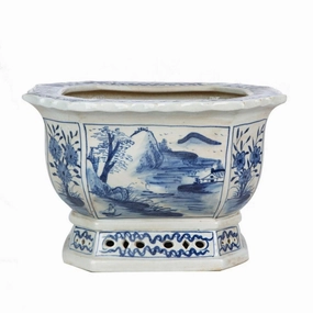 Blue and White Mountain Village Porcelain Foot Bath Planter home display ornament