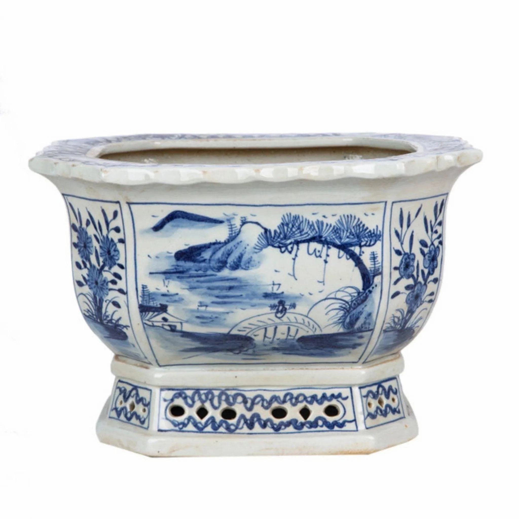 Blue and White Mountain Village Porcelain Foot Bath Planter