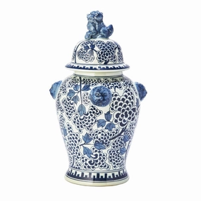 Blue and White Peony Flower Design Porcelain Covered Temple Jar home display ornament