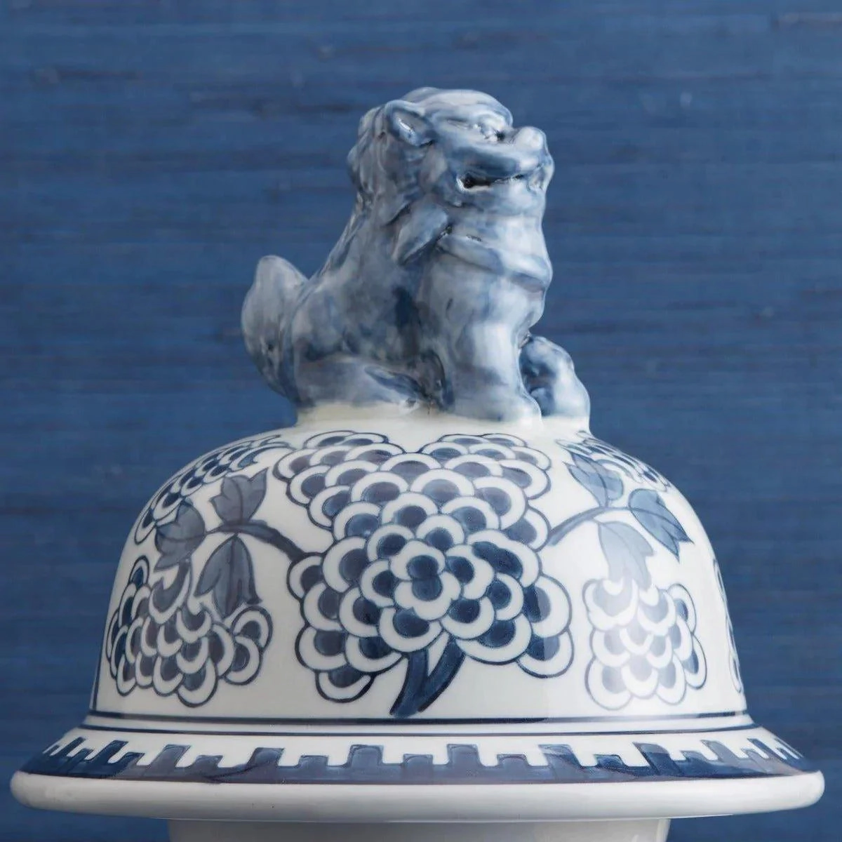 Blue and White Peony Flower Design Porcelain Covered Temple Jar
