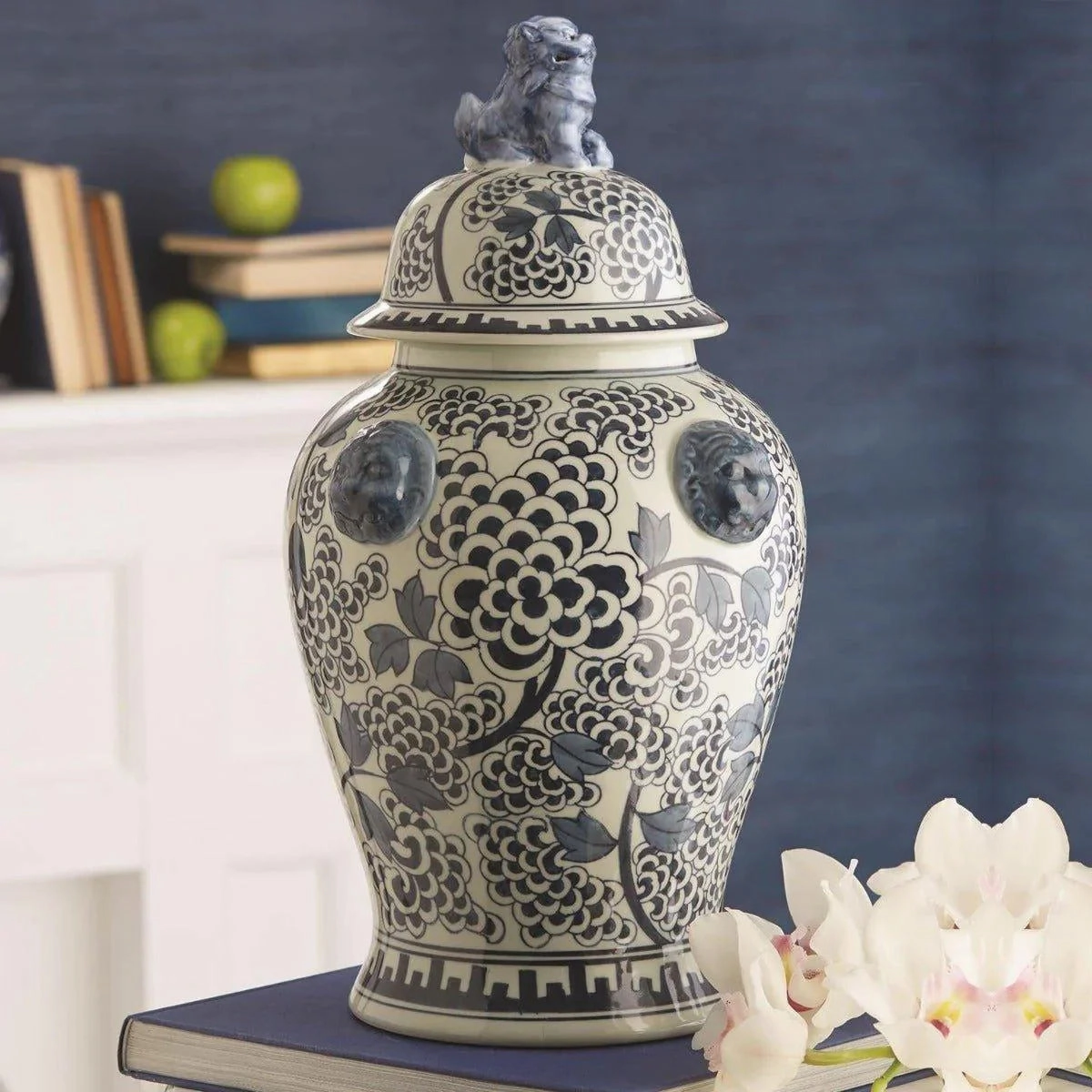 Blue and White Peony Flower Design Porcelain Covered Temple Jar