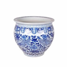 Blue and White Porcelain Bird and Flower Fish Bowl Planter home display ornament
