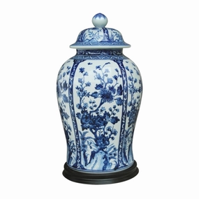 Blue and White Porcelain Chinoiserie Botanical Temple Jar with Black Base home display ornament