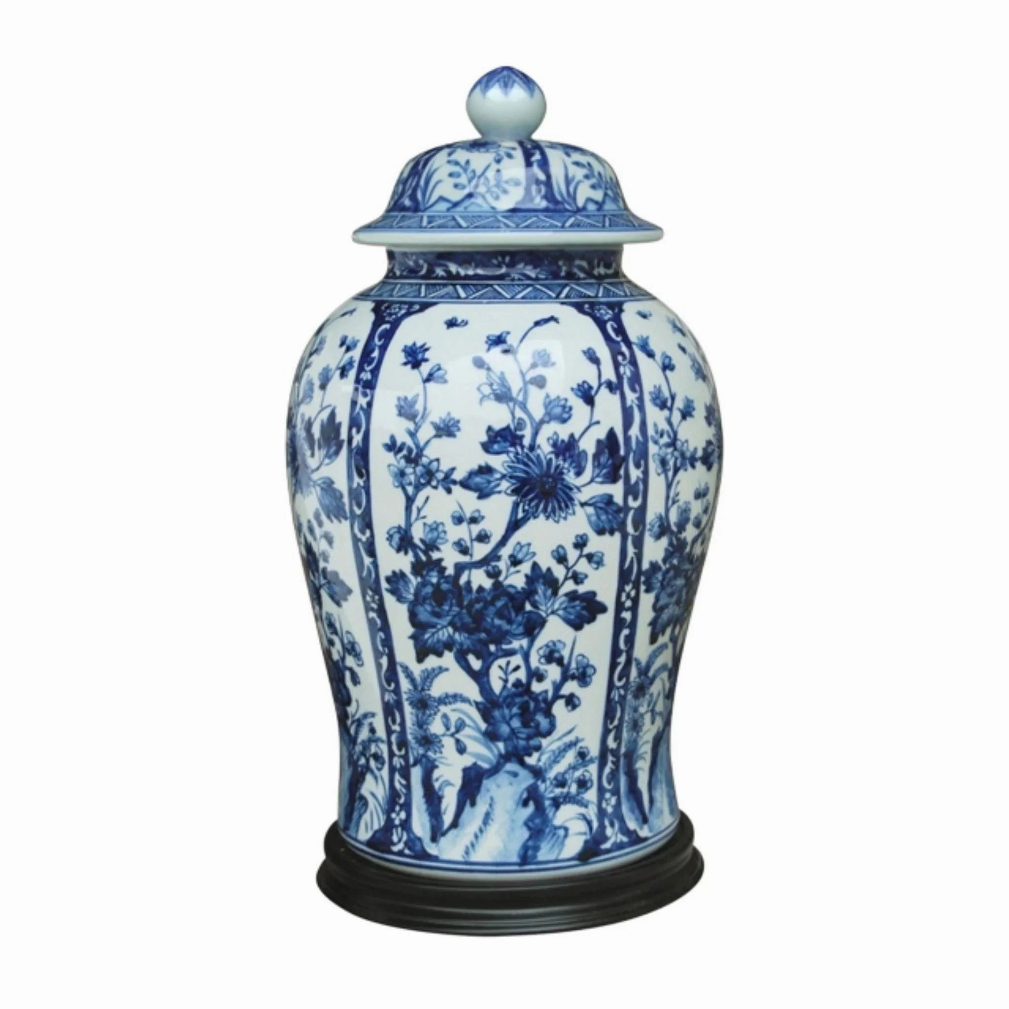Blue and White Porcelain Chinoiserie Botanical Temple Jar with Black Base home display ornament