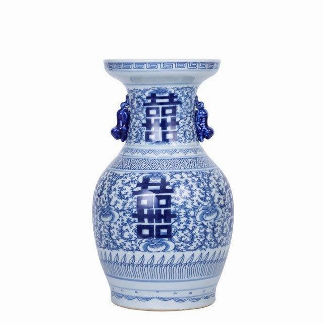 Blue And White Porcelain Double Happiness Flower Vase with Animal Handles