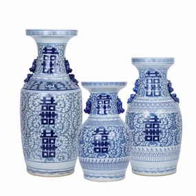 Blue And White Porcelain Double Happiness Flower Vase with Animal Handles home display ornament