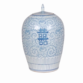 Blue and White Porcelain Double Happiness Melon Jar With Stem home display ornament